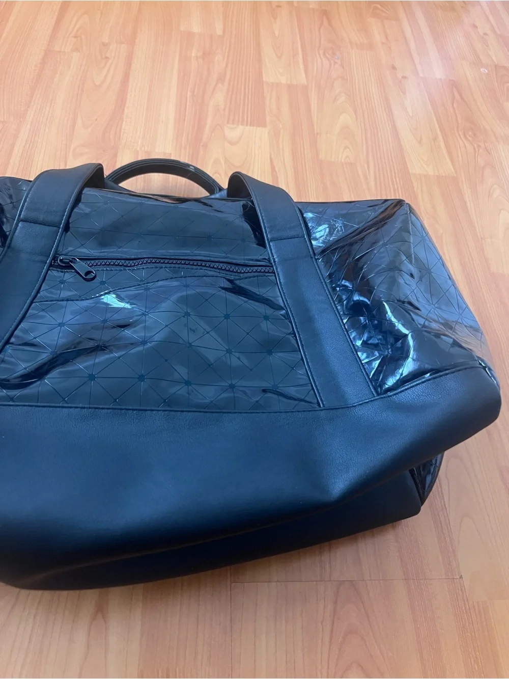 Brandon Blackwood Patent Leather Geometric Patchwork Duffel Bag